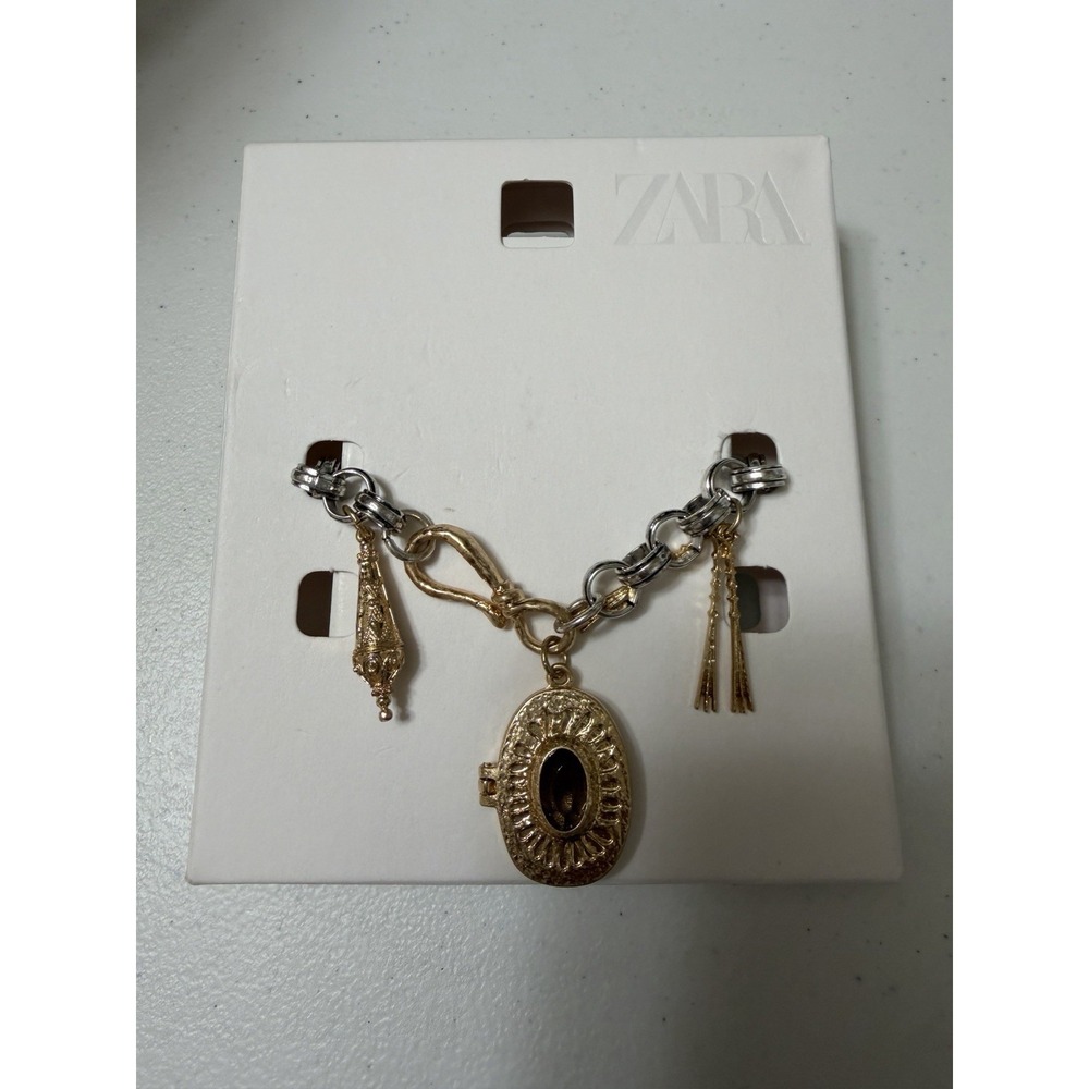 Zara Gold Silver Tone Locket Chunky Chain Bracelet Bohemian Ornate Victorian
